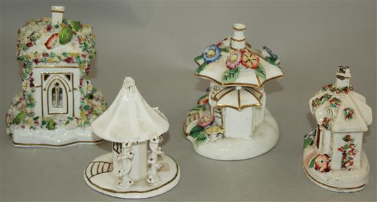 Four Staffordshire porcelain cottage and toll house pastille burners, c.1835-45, height 9.5 - 12cm